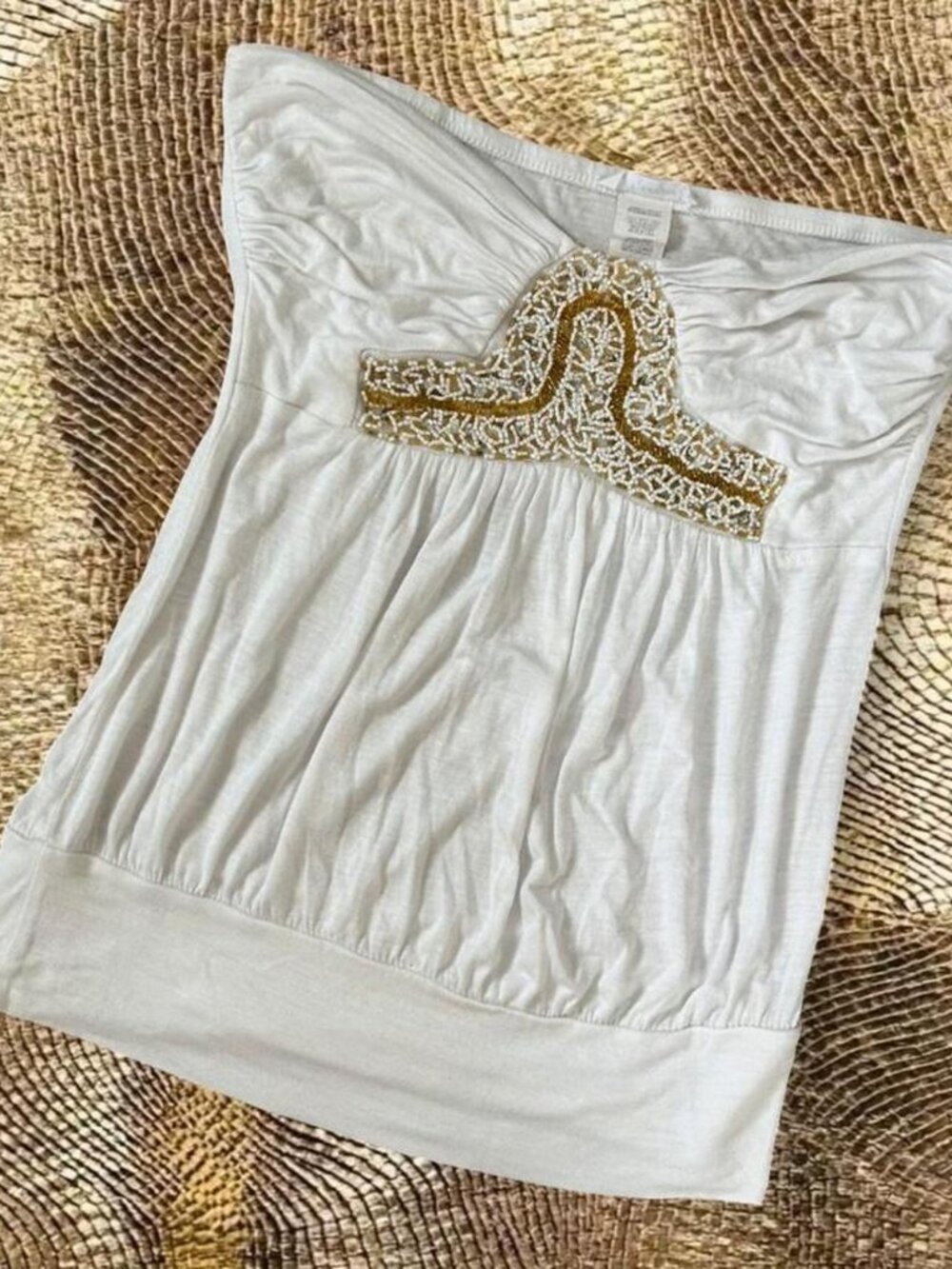 Goddess white & gold strapless beaded Y2K top ⭐️ Ibiza Boho Chic Festival Glam